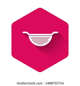 White Kitchen colander icon isolated with long shadow. Cooking utensil. Cutlery sign. Pink hexagon button. Vector Illustration