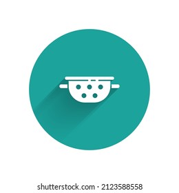White Kitchen colander icon isolated with long shadow. Cooking utensil. Cutlery sign. Green circle button. Vector
