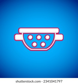 White Kitchen colander icon isolated on blue background. Cooking utensil. Cutlery sign.  Vector