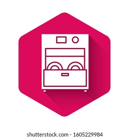 White Kitchen dishwasher machine icon isolated with long shadow. Pink hexagon button. Vector Illustration