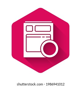 White Kitchen dishwasher machine icon isolated with long shadow. Pink hexagon button. Vector Illustration