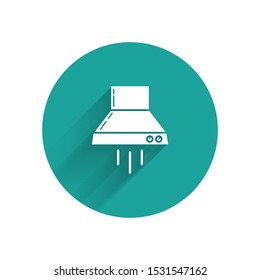 White Kitchen extractor fan icon isolated with long shadow. Cooker hood. Kitchen exhaust. Household appliance. Green circle button. Vector Illustration