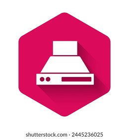 White Kitchen extractor fan icon isolated with long shadow. Cooker hood. Kitchen exhaust. Household appliance. Pink hexagon button. Vector