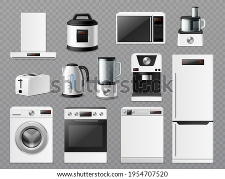 White kitchen goods. Realistic electronic household equipment, 3d consumer interior machines, refrigerator and microwave, coffee maker, multicooker and food processor vector set