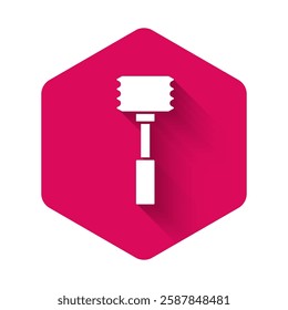 White Kitchen hammer icon isolated with long shadow. Meat hammer. Pink hexagon button. Vector