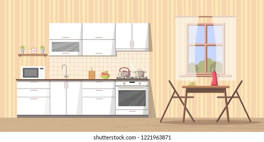 White kitchen interior background with furniture and stove, sink, cupboard, dishes - kettle, pan, bowl, microwave oven, utensil - cutting board, table and chairs near window. Modern flat style vector