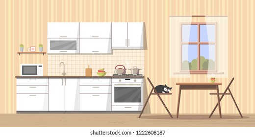 White kitchen interior background with furniture and stove, sink, cupboard, dishes - kettle, pan, bowl, microwave oven, utensil - cutting board, table and chairs near window. Modern flat style vector