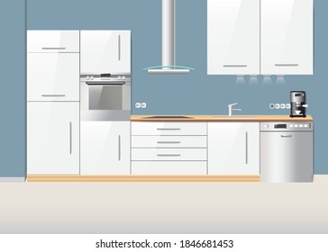White kitchen interior with equipment concept vector ready for your use.
