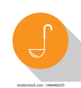 White Kitchen ladle icon isolated on white background. Cooking utensil. Cutlery spoon sign. Orange circle button. Vector Illustration