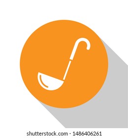 White Kitchen ladle icon isolated on white background. Cooking utensil. Cutlery spoon sign. Orange circle button. Vector Illustration