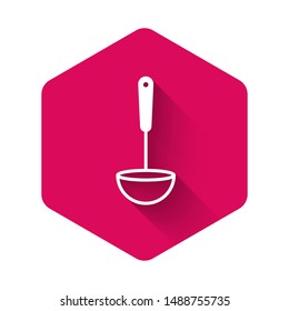 White Kitchen ladle icon isolated with long shadow. Cooking utensil. Cutlery spoon sign. Pink hexagon button. Vector Illustration