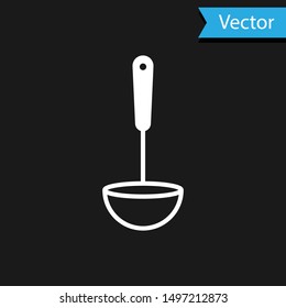 White Kitchen ladle icon isolated on black background. Cooking utensil. Cutlery spoon sign.  Vector Illustration