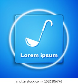 White Kitchen ladle icon isolated on blue background. Cooking utensil. Cutlery spoon sign. Blue square button. Vector Illustration