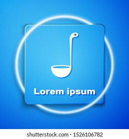 White Kitchen ladle icon isolated on blue background. Cooking utensil. Cutlery spoon sign. Blue square button. Vector Illustration