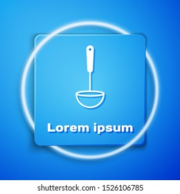 White Kitchen ladle icon isolated on blue background. Cooking utensil. Cutlery spoon sign. Blue square button. Vector Illustration