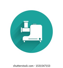 White Kitchen meat grinder icon isolated with long shadow. Green circle button. Vector Illustration