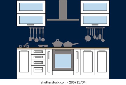 White kitchen on a blue background. Vector