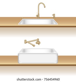 Lavabo de cocina blanca con grifo de agua de latón y dispensador de jabón. Opciones de instalación. Ilustración vectorial en estilo de caricatura 3d.