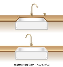 White kitchen sink with brass water tap and soap dispenser. Installation options. Vector illustration in 3d cartoon style.