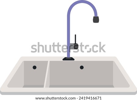White kitchen sink with a purple tap, made in a modern design, stylish kitchen equipment.