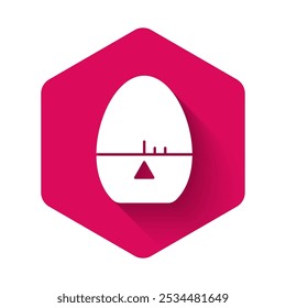 White Kitchen timer icon isolated with long shadow. Egg timer. Cooking utensil. Pink hexagon button. Vector