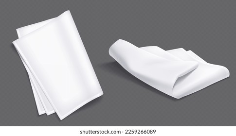 White kitchen towel, fabric napkin, tablecloth or handkerchief. Blank folded linen towels isolated on transparent background, vector realistic illustration