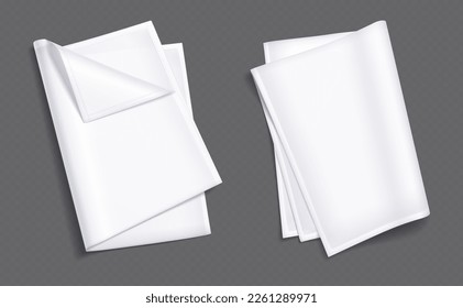 White kitchen towel, fabric napkin, tablecloth or handkerchief. Blank folded linen towels isolated on transparent background, vector realistic illustration