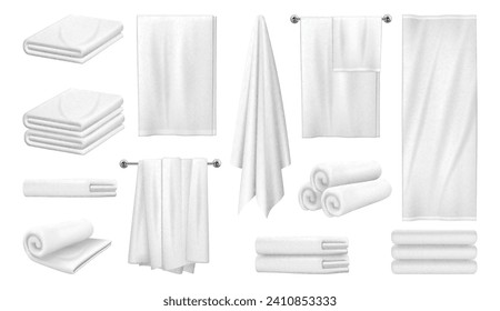 White kitchen towel, soft fabric napkin, blank tablecloth or handkerchief. Vector isolated realistic fold and rolled clean textile for bathroom and hygiene. Home and hotel service essential