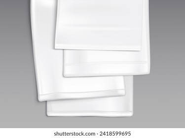 White kitchen towels stacked isolated on gray background. Vector realistic illustration of cotton cloth napkin, handkerchief, tablecloth mockups, clean bleached laundry, textile home interior elements