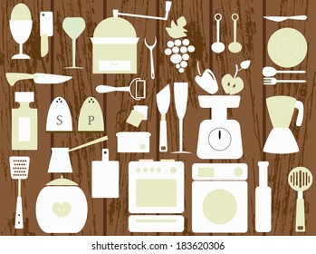 white kitchen utensils on the wooden background, 