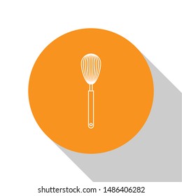 White Kitchen whisk icon isolated on white background. Cooking utensil, egg beater. Cutlery sign. Food mix symbol. Orange circle button. Vector Illustration