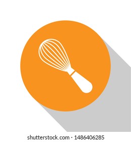 White Kitchen whisk icon isolated on white background. Cooking utensil, egg beater. Cutlery sign. Food mix symbol. Orange circle button. Vector Illustration