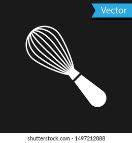 White Kitchen whisk icon isolated on black background. Cooking utensil, egg beater. Cutlery sign. Food mix symbol.  Vector Illustration