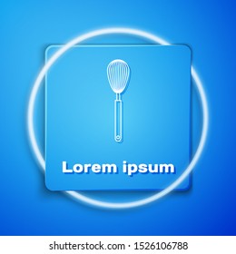 White Kitchen whisk icon isolated on blue background. Cooking utensil, egg beater. Cutlery sign. Food mix symbol. Blue square button. Vector Illustration
