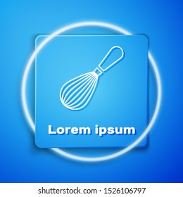 White Kitchen whisk icon isolated on blue background. Cooking utensil, egg beater. Cutlery sign. Food mix symbol. Blue square button. Vector Illustration