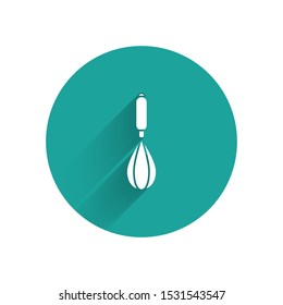 White Kitchen whisk icon isolated with long shadow. Cooking utensil, egg beater. Cutlery sign. Food mix symbol. Green circle button. Vector Illustration