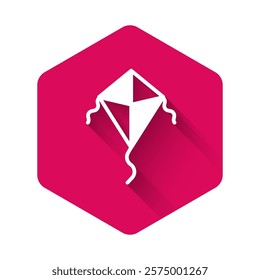 White Kite icon isolated with long shadow. Pink hexagon button. Vector