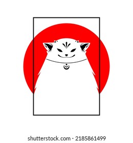 White kitsune fox in black square frame with red circle cute anime japanese style flat vector icon design.