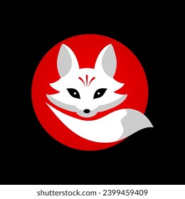 White kitsune fox with red circle on black background japanese style vector icon design