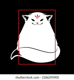 Zorro kitsune blanco con marco cuadrado rojo lindo estilo japonés anime sobre el fondo negro diseño de icono vectorial plano.