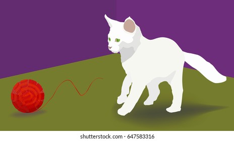 white kitten with a ball of red yarn