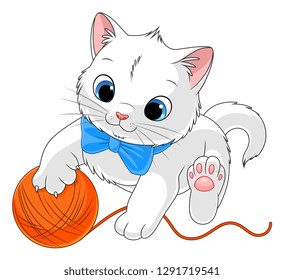 White kitten with ball of yarn