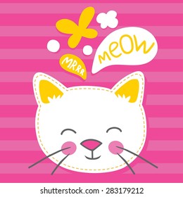 White kitten bright pink striped background vector illustration. T-shirt girl design