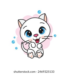 White kitten in cartoon style with foam and bubbles on the background. vector illustration.