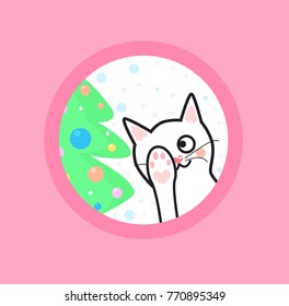 White kitten with Christmas tree. Vector illustration. idea for sticker.