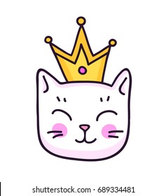 White kitten with crown. Cute animal. Sticker, patch, badge, pin. Vector isolated illustration.
