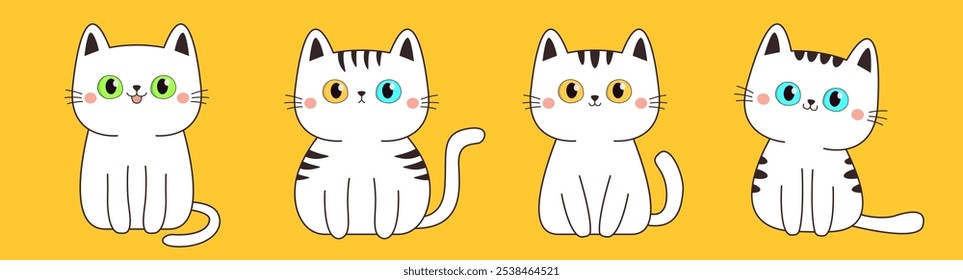 Cabeza blanca de la cara del gatito con los ojos amarillos, azules, verdes. Linda línea de juego de gatos. Divertido animal kawaii. Personaje de bebé de mascota de dibujos animados. Icono de contorno negro. Estilo infantil. Diseño plano. Fondo amarillo. Vector