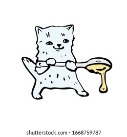 White kitten holds a large spoon with honey. Vector illustration in cartoon style. Isolated on a white background.