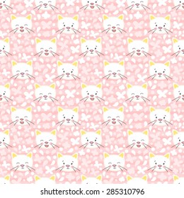 White kitten muzzle pink striped background vector seamless pattern. T-shirt girl design