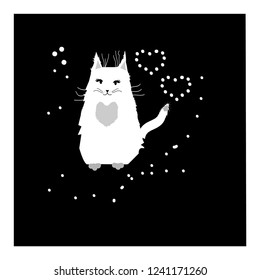 white kitten on a black background with hearts
